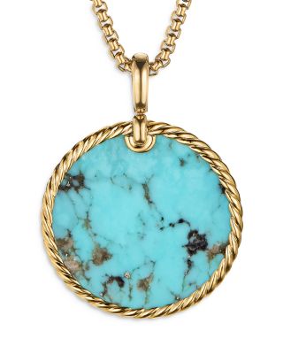 David Yurman 18K Yellow Gold Dy Elements Disc Pendant with Turquoise