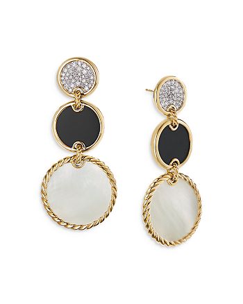 David Yurman - 18K Yellow Gold DY Elements&reg; Drop Earrings with Mother-of-Pearl, Black Onyx & Diamonds