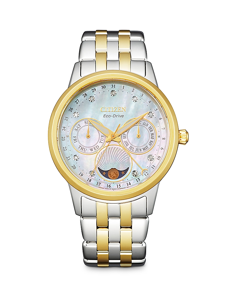 Citizen Calendrier Womens Diamond Accent Two Tone Stainless Steel Bracelet Watch Fd0004-51d In White
