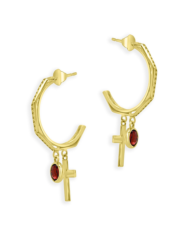 Bloomingdale's Garnet And Cross Half Hoop Earrings In 14k Yellow Gold - Exclusive In Gold