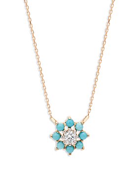 Adina Reyter - 14K Yellow Gold Turquoise & Diamond Cluster Flower Pendant Necklace, 15-16"