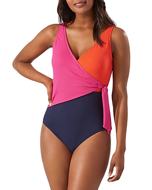Shop Tommy Bahama Color-blocked Wrap-front One Piece Swimsuit In Passion Pink