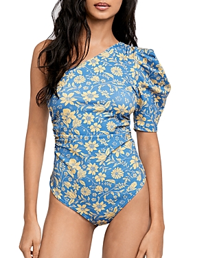 Free People Somethin' 'bout You Floral One Shoulder Bodysuit In Cornflower