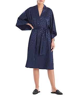 Natori Animal Print Satin Wrap Robe In Midnight Navy