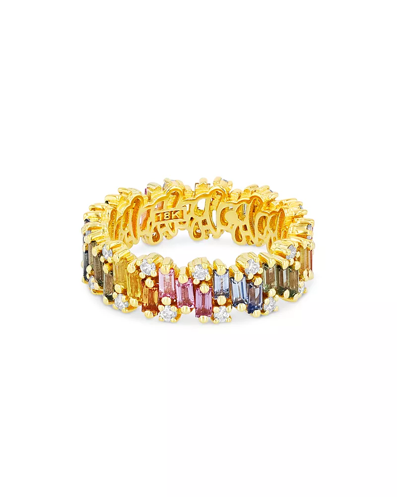 Suzanne Kalan 18K Yellow Gold Fireworks Pastel Rainbow Sapphire & Diamond Eternity Ring