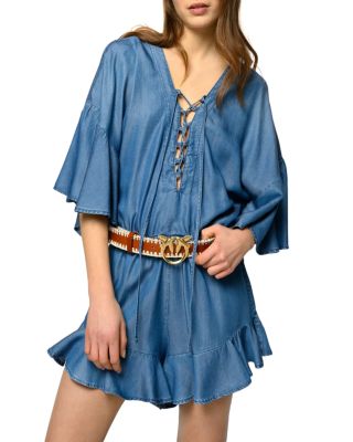 Pinko Ruffle-trim Lace-up Chambray Playsuit In Blue