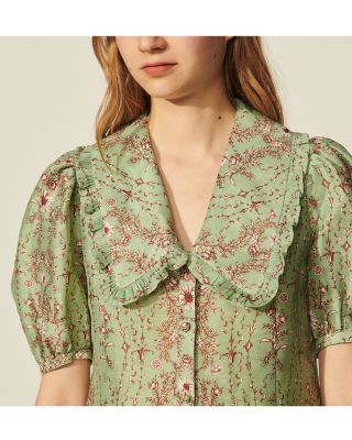 sandro collar shirt dress contrasting floral midi dress for women Sandro Josephina Floral-Print Woven Midi Dress in White