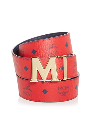 Mcm Claus M Reversible Belt 1.75" In Visetos In Candy Red/navy