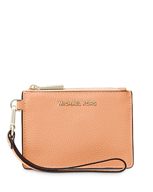 Shop Michael Michael Kors Small Leather Wristlet In Cantaloupe/pale Gold