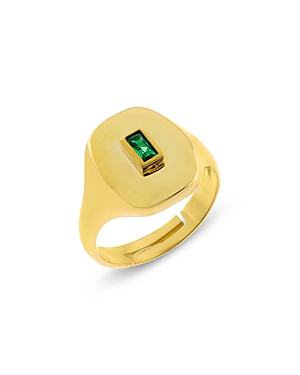 Adinas Jewels Cubic Zirconia Signet Ring In Gold/green