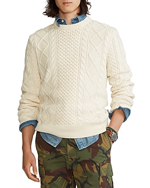 Polo Ralph Lauren White Cable-knit Crewneck Sweater With Front Contrasting Logo Embroidery In Wool And Cashmere In Andover Cream