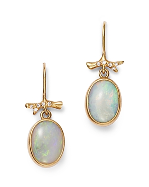 18K Yellow Gold Opal & Diamond Drop Earrings