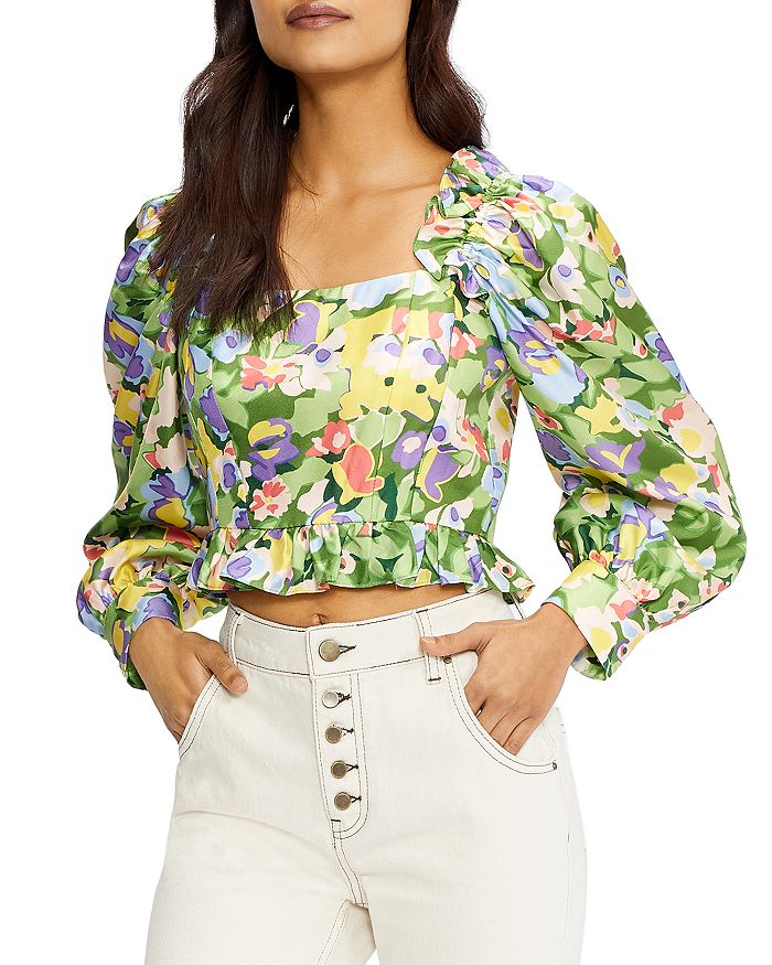 Floral Puff Sleeve Square Neck Crop Top