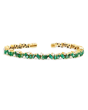 Suzanne Kalan 18k Yellow Gold Fireworks Emerald Baguette & Diamond Frenzy Cuff Bangle Bracelet In Green/gold