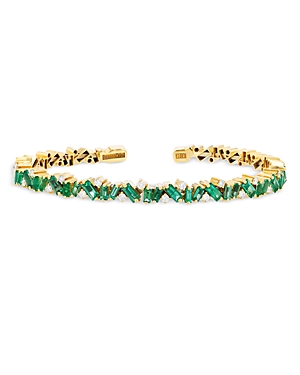 SUZANNE KALAN 18K YELLOW GOLD FIREWORKS EMERALD BAGUETTE & DIAMOND FRENZY CUFF BANGLE BRACELET,AKB314-YGM