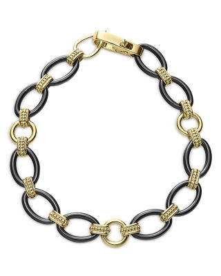 LAGOS - Meridian 18K Yellow Gold Black Caviar Black Ceramic Oval Link Bracelet - Exclusive