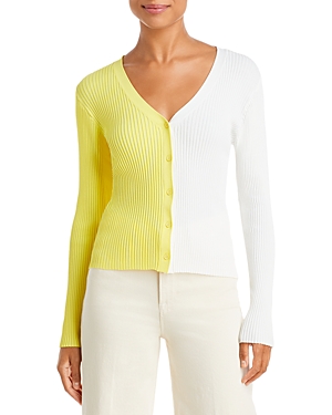 Staud Color Block Ribbed Cardigan Sweater In Limoncello