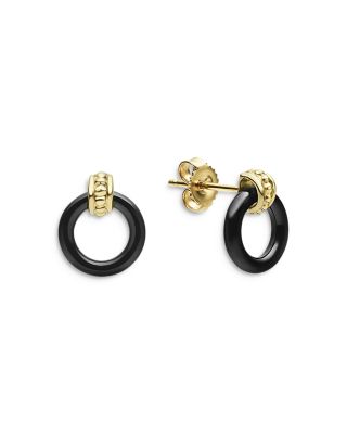 Meridian 18K Yellow Gold Caviar Black Ceramic Circle Drop Earrings 