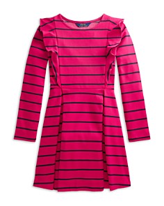 폴로 랄프로렌 Polo Ralph Lauren Girls Striped Ruffle Fit And Flare Dress - Little Kid, Big Kid,Pink