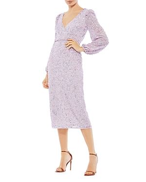 Mac Duggal Blouson Sleeve Sequined Surplice Midi Dress In Lavender