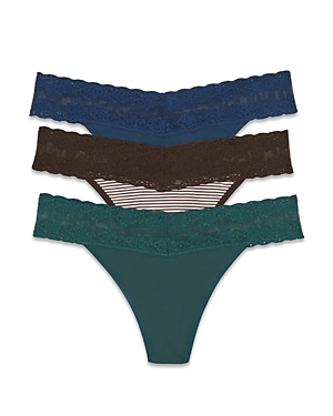 Natori Bliss Perfection Thongs, Set Of 3 In Rainstorm/licorice Stripe Print/stormy Teal