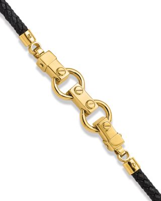 Men's Fancy Link Leather Bracelet in 14K Yellow Gold 