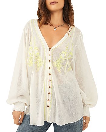 Free People Margie Embroidered Cotton Button Front Top | Bloomingdale's