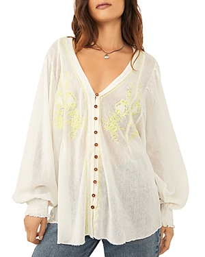 FREE PEOPLE MARGIE EMBROIDERED COTTON BUTTON FRONT TOP,OB1355327