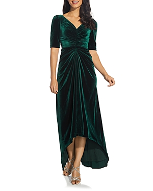 Adrianna Papell Plus Ruched Velvet High Low Gown In Emerald
