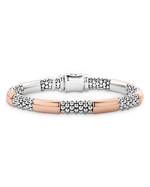 Lagos 18K Rose Gold & Sterling Silver High Bar Polished & Caviar Bead Bracelet