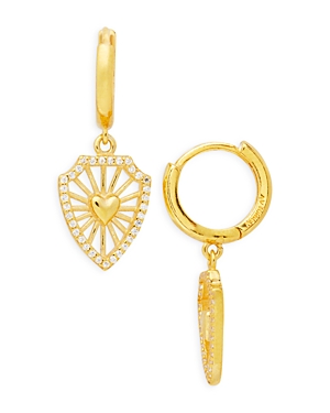 Argento Vivo G Heart Pave Shield Charm Hoop Earrings in 14K Gold Plated Sterling Silver