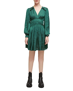 Shop Maje Smocked Ruffled Dress In Dark Green