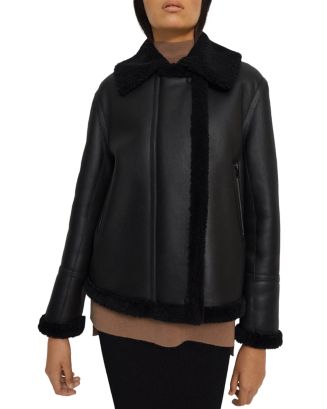 Theory Shearling Trim Leather Oversized Moto Jacket | Bloomingdale's