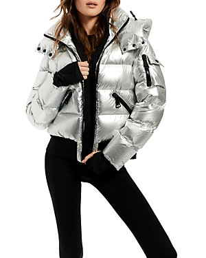Sam Bungalow Hooded Puffer Coat In Silver Foil