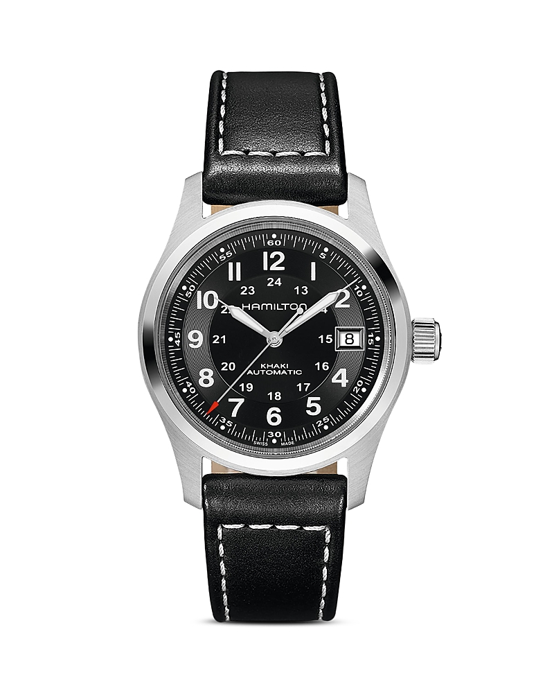 Hamilton Men's Swiss Automatic Khaki Field Black Leather Strap Watch 38mm In Black/black