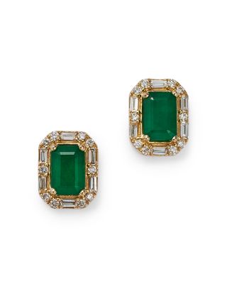 Bloomingdale's Fine Collection - Emerald & Diamond Halo Stud Earrings in 14K Yellow Gold - Exclusive