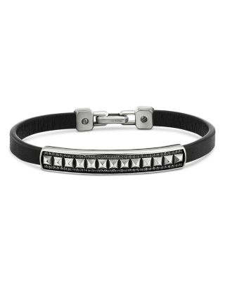 David Yurman Men's Sterling Silver Black Diamond Pave Pyramid Leather Bracelet