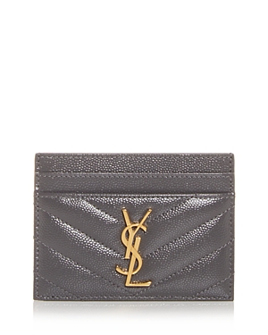 Saint Laurent Monogram Quilted Leather Card Case In Grey/gold