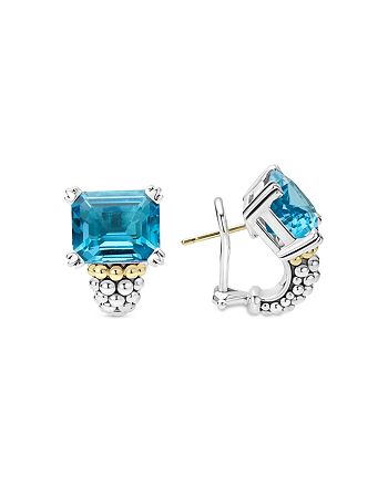 LAGOS - 18K Yellow Gold & Sterling Silver Glacier Blue Topaz Caviar Beaded Large Half Hoop Earrings