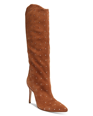 Schutz Women's Maryana Pointed Toe Studded High Heel Tall Boots In Deep Nude