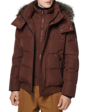 Andrew Marc Umbra Faux Fur Trim Hooded 28 Bomber Puffer Jacket In Oxblood