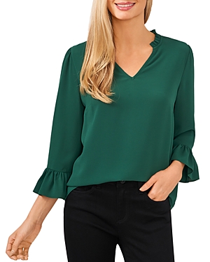 Cece Ruffled V Neck Top In Alpine Green