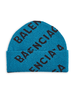 Balenciaga All Over Logo Wool Blend Beanie In Blue