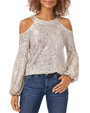 Cece Cold Shoulder Sequined Blouse In Champagne
