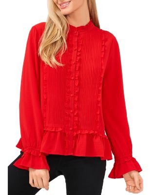 CeCe - Pleated Ruffled Long Sleeve Blouse