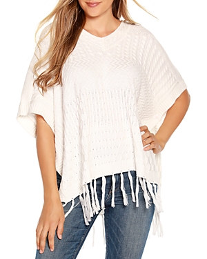 Belldini Fringed V Neck Cable Knit Poncho