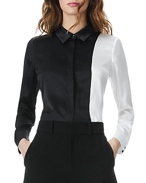 Shop Alice And Olivia Willa Combo Placket Shirt In Black/off White