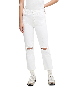 7 For All Mankind High Rise Ripped Cropped Straight Jeans In Royce Blanc In Royce Blanc
