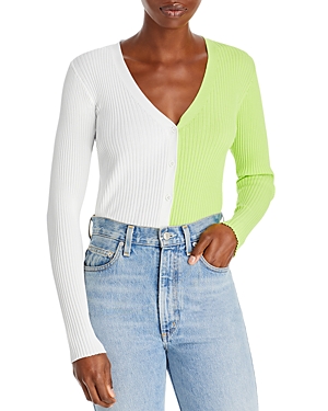 Staud Color Block Ribbed Cardigan Sweater In Limewhite