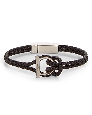 Shop Ferragamo Salvatore  Gancini Braided Leather Bracelet In Black